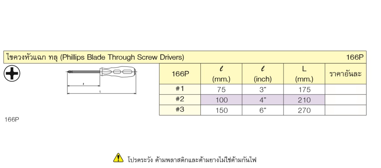 KOKEN 166P ไขควง ปากแฉก ด้ามทลุ #3x6นิ้ว
