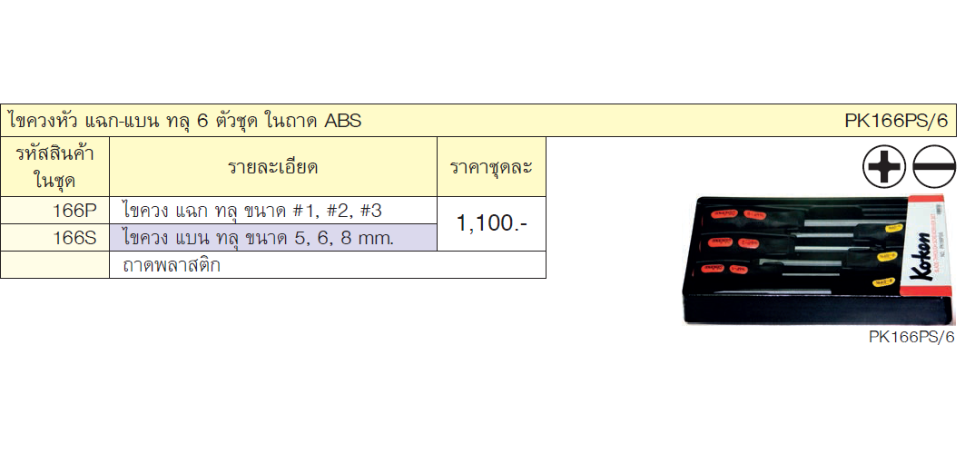 KOKEN PK-166PS/6 ไขควง ปากแฉก-แบน ด้ามทลุ 6 ตัวชุด ในถาด ABS