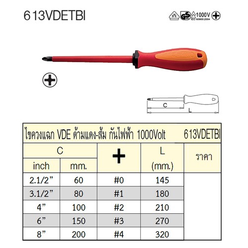 UNIOR 613VDETBI ไขควงแฉก #4x8นิ้ว  ด้ามแดง-ส้มกันไฟ1000Volt