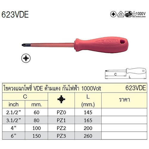 UNIOR 623VDE ไขควงแฉกโพซี่ 6นิ้ว PZ3 ด้ามแดง กันไฟฟ้า1000Volt