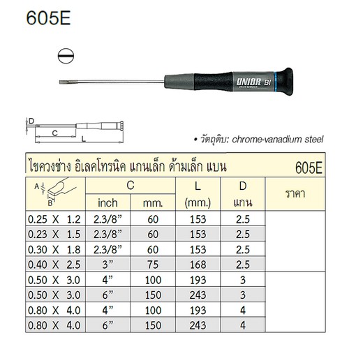 SKI - สกี จำหน่ายสินค้าหลากหลาย และคุณภาพดี | UNIOR 605E ไขควงแบน 1.8x60mm. ช่างอิเล็คโทรนิค แกนเล็ก ด้ามเล็ก