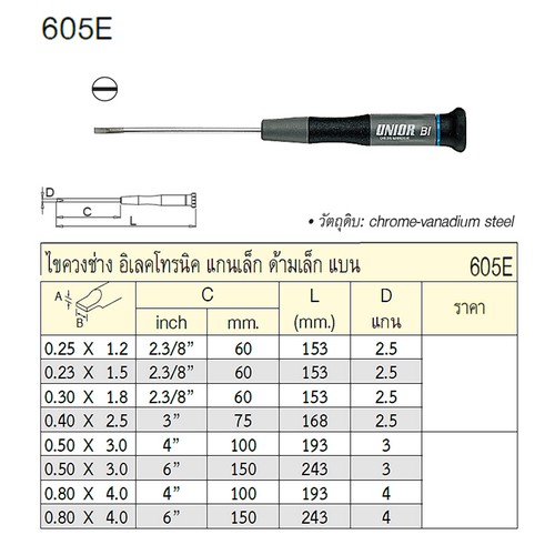 UNIOR 605E ไขควงแบน 3.0x100mm. ช่างอิเล็คโทรนิค แกนเล็ก ด้ามเล็ก