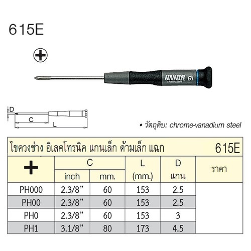 UNIOR 615E ไขควงแฉก PH1xแกน4.5mm ช่างอิเล็คโทรนิค แกนเล็ก ด้ามเล็ก