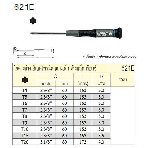 UNIOR 621E ไขควงท๊อก T20 ช่างอีเล็คทรอนิค แกนเล็ก ด้ามเล็ก