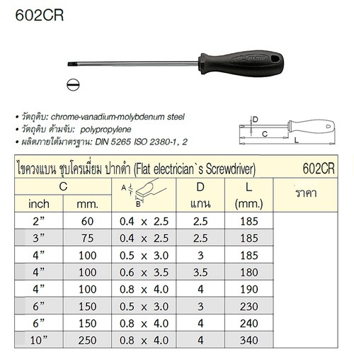 UNIOR 602CR ไขควงแกนเล็กแบน 4นิ้วx0.6x3.5x3.5mm ชุบโครเมี่ยมปากดำ