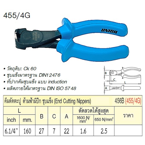 UNIOR 455/4G คีมตัดตะปู 6.1/4นิ้ว ด้ามฟ้ามีปีก ชุบแข็ง (456B)
