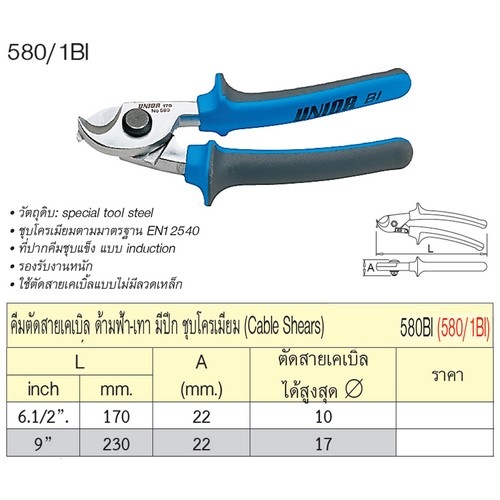 UNIOR 580/1BI คีมตัดสายเคเบิล 6.1/2นิ้ว(7นิ้ว) 170mm ด้ามฟ้าเทามีปีกชุบโครเมี่ยม (580BI)