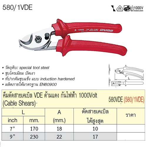 UNIOR 580/1VDE คีมตัดสายเคเบิล 9นิ้ว ด้ามแดงกันไฟฟ้า 1000V. (580VDE)