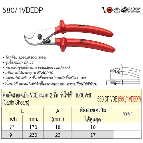 UNIOR 580/1VDEDP คีมตัดสายเคเบิล ปีกกว้าง-หนา 6.3/4นิ้ว กันไฟฟ้า 1000V. (580/DP VDE)