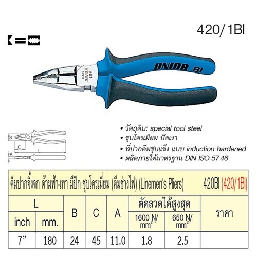 UNIOR 420/1BI คีมปากจิ้งจก(คีมช่างไฟ) 7นิ้ว ด้ามฟ้าเทามีปีกชุบโครเมี่ยม (420BI)