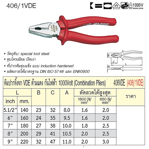 UNIOR 406/1VDE คีมปากจิ้งจก 9นิ้ว ด้ามแดงกันไฟ (406VDE)