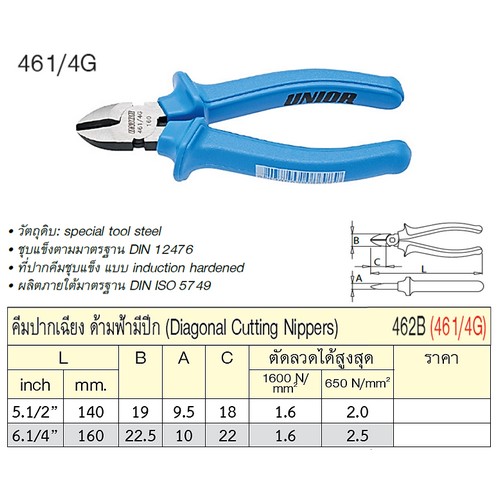UNIOR 461/4G คีมปากเฉียง 5.1/2นิ้ว ด้ามฟ้ามีปีก (462B)