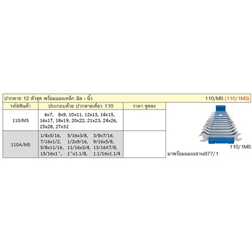 UNIOR 110/1MS ปากตาย 12 ตัวชุด 6-32mm. พร้อมแผงเหล็ก (110/MS)