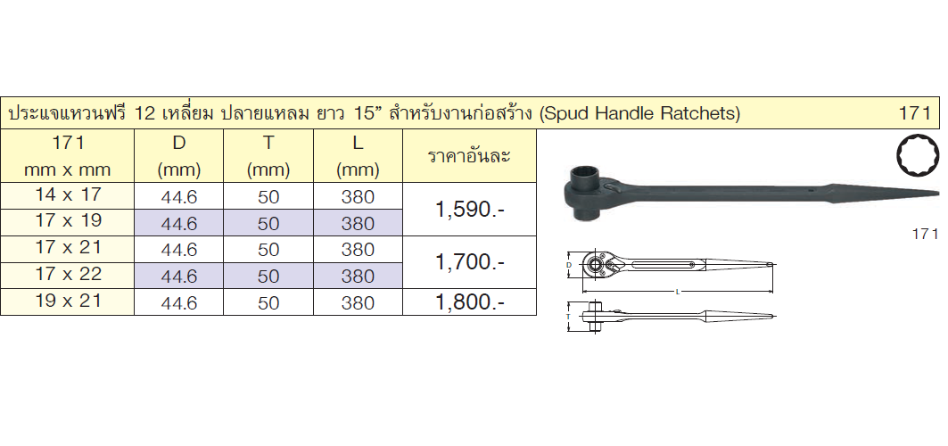 KOKEN 171 แหวนฟรีปลายแหลม 15นิ้ว 17x22mm. 12 เหลี่ยม