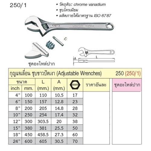 UNIOR 250/1 ประแจเลื่อนชุบขาวปัดเงา 10นิ้ว (250)