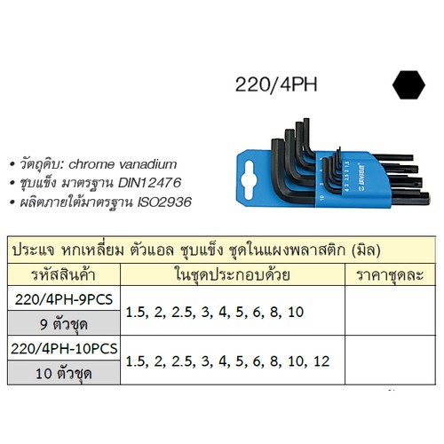 UNIOR 220/4PH-10PCS ประแจหกเหลี่ยมตัวแอล 10ตัวชุด 1.5-12mm. (220BPH)