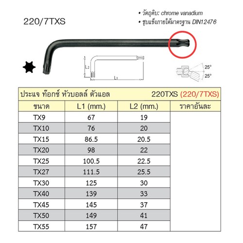 UNIOR 220/7TXS ประแจท๊อกซ์หัวบอลล์ตัวแอล TX20 (220TXS)