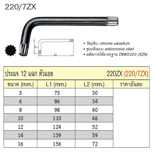 UNIOR 220/7ZX ประแจ 12 แฉกตัวแอล 12mm. (220ZX)