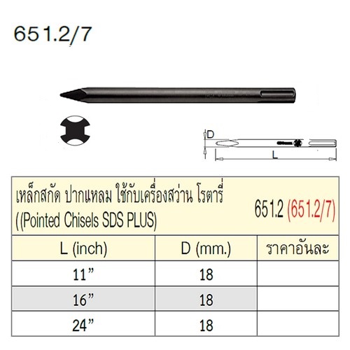 UNIOR 651.2/7  เหล็กสกัดปากแหลม 24นิ้วx18mm ใช้กับเครื่องสว่านโรตารี่ (651.2)