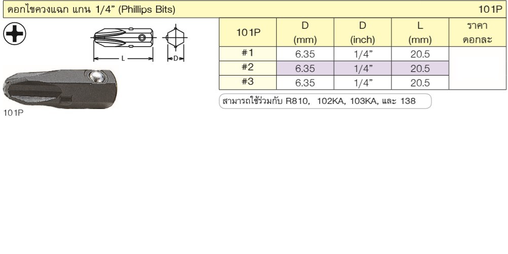 KOKEN 101P ดอกไขควงตอกปากแฉก #2x20 mm. 1/4นิ้ว