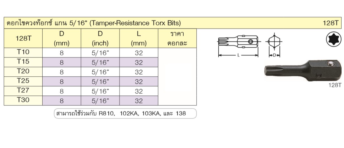 KOKEN 128T ดอกไขควงตอกท๊อกซ์ T10x32 mm. 5/16นิ้ว
