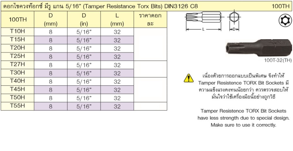 KOKEN 100T-32(TH) ดอกไขควงตอกท๊อกซ์ มีรู T10Hx35 mm. แกน 5/16นิ้ว