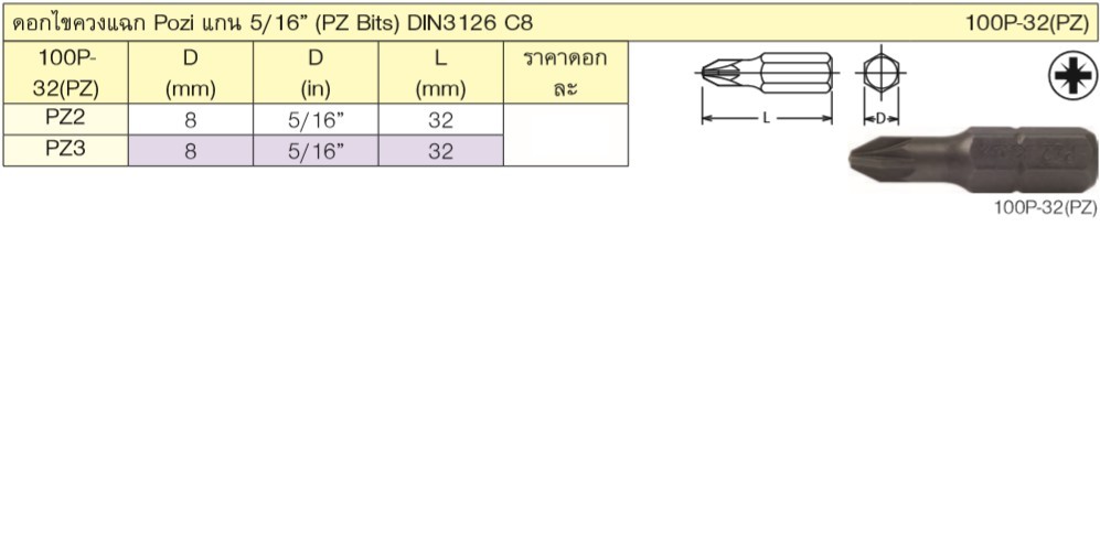 KOKEN 100P-32(PZ) ดอกไขควงตอก หัว Pozi #PZ2 x32mm แกน 5/16นิ้ว