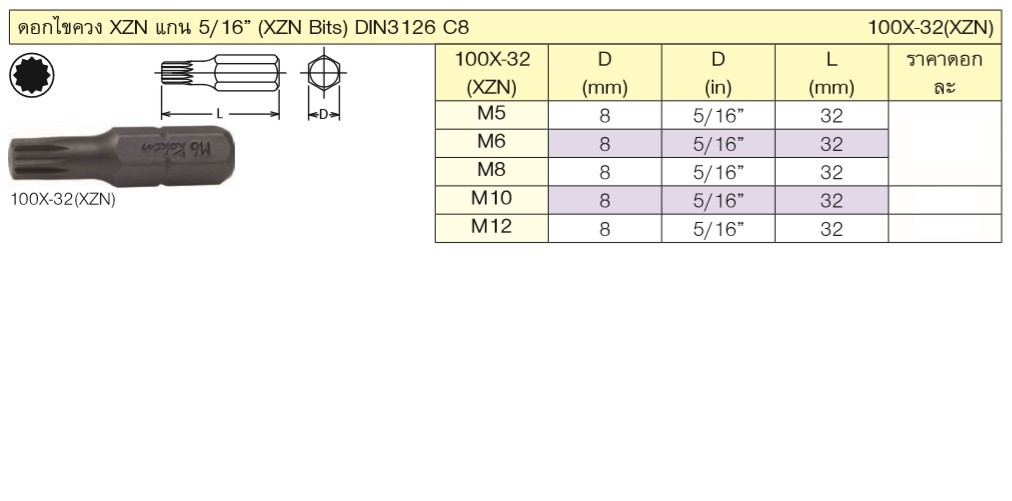 KOKEN 100X-32(XZN) ดอกไขควงตอกหัว XZN  M12x32 mm แกน 5/16นิ้ว