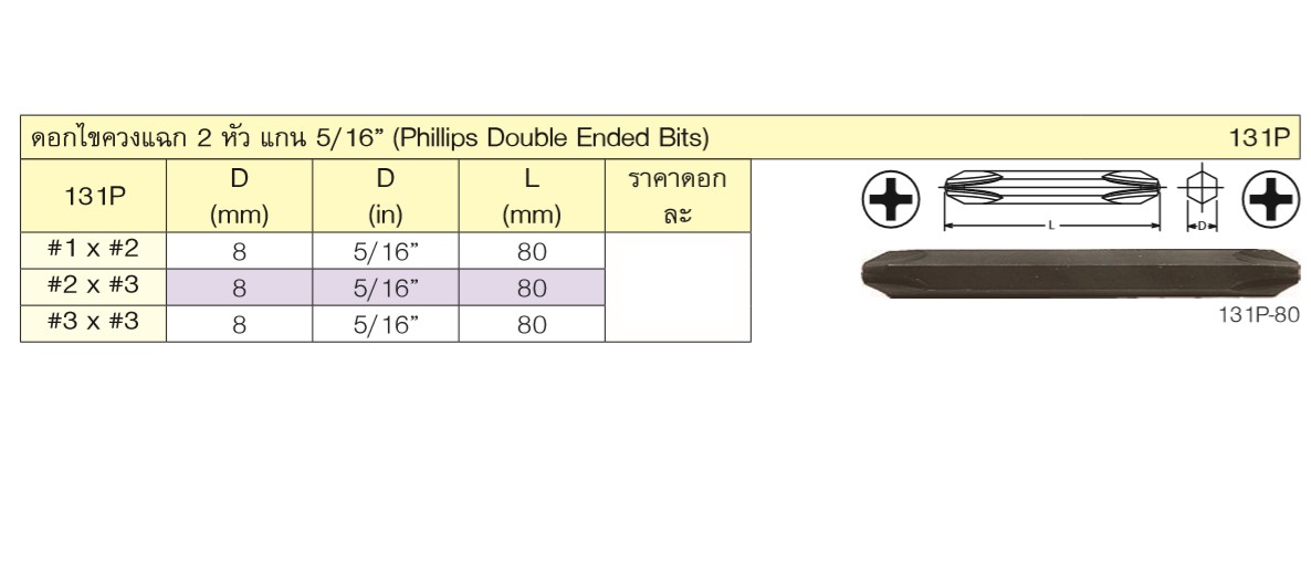KOKEN 131P-80 (ISO) ดอกไขควงตอกหัวแฉก 2 หัว #2x# 3x80mm. แกน 5/16นิ้ว