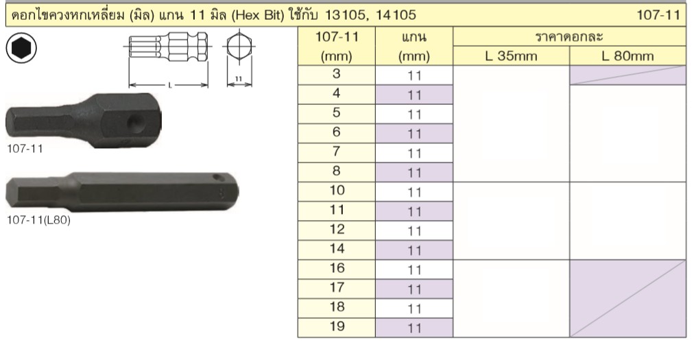KOKEN 107-11 ดอกไขควงตอกหกเหลี่ยม 17x35mm. แกน 11mm.