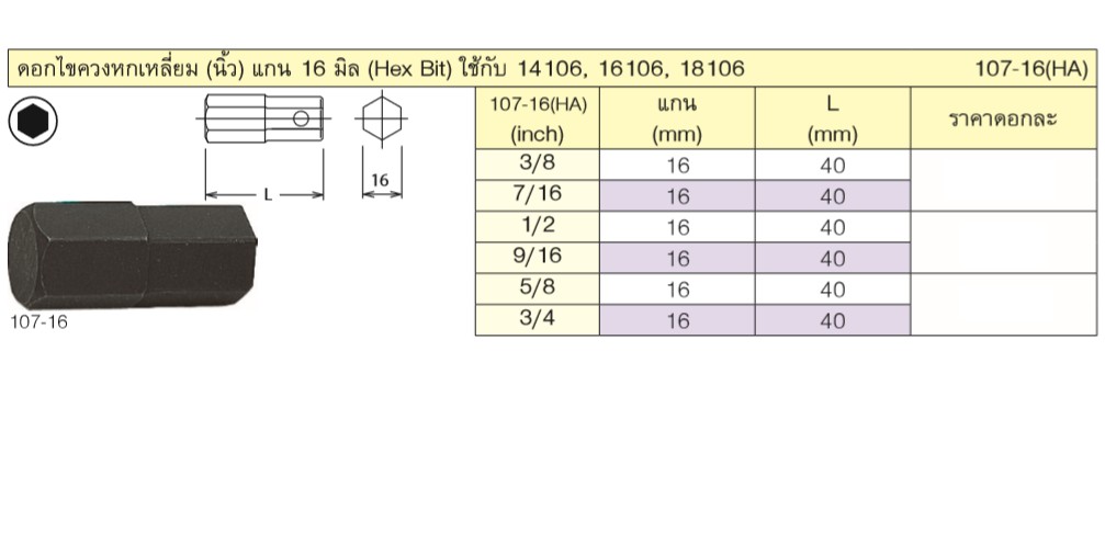 KOKEN 107-16(HA) ดอกไขควงตอกหกเหลี่ยม 1/2นิ้ว แกน 16mm.