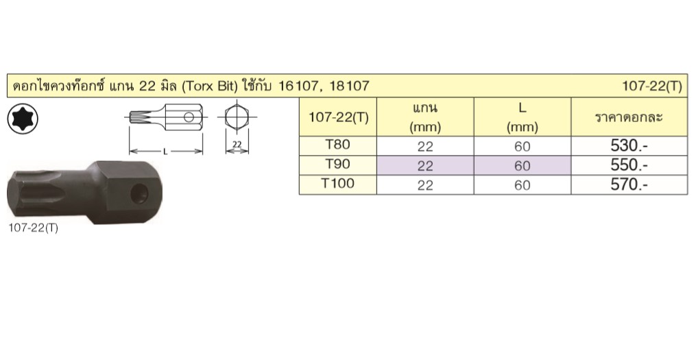 KOKEN 107-22(T) ดอกไขควงตอกท๊อกซ์ T100 แกน 22mm.