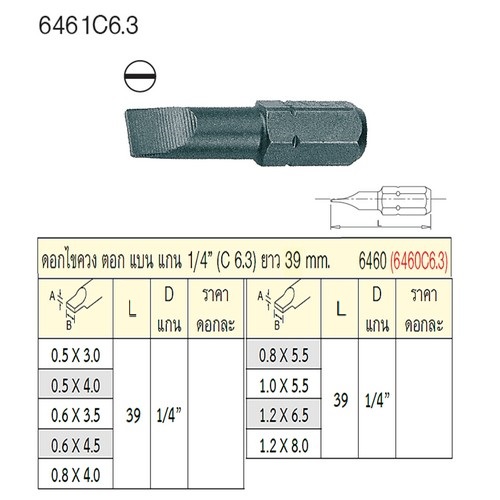 UNIOR 6461C6.3-0.5x4x39mm. ดอกไขควงตอกแบน แกน 1/4นิ้ว ยาว 39mm (6461)