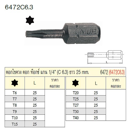 SKI - สกี จำหน่ายสินค้าหลากหลาย และคุณภาพดี | UNIOR 6472C6.3-T9x25mm. ดอกไขควงตอกท๊อก แกน 1/4นิ้ว ยาว 25mm (6472)