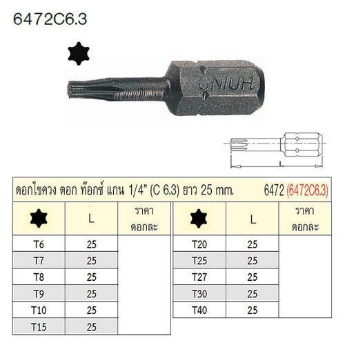 UNIOR 6472C6.3-T10x25mm. ดอกไขควงตอกท๊อก แกน 1/4นิ้ว ยาว 25mm (6472)