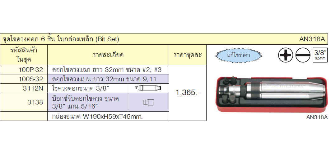 KOKEN AN318A ชุดไขควงตอก 3/8นิ้ว ในกล่องเหล็ก