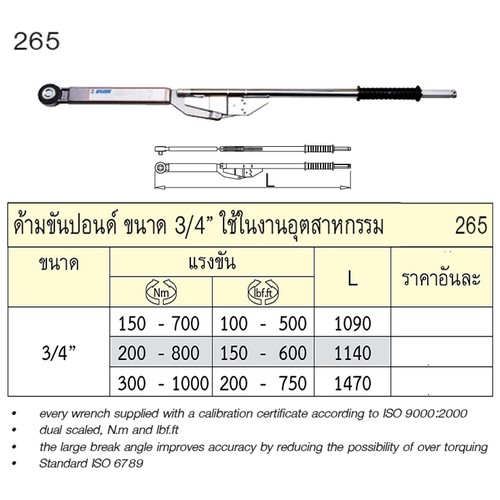 UNIOR 265 ด้ามขันปอนด์ 3/4นิ้ว 150-700 Nm / 100-500 lbf.in ใช้ในงานอุตสาหกรรม (ไม่รับเปลี่ยนและคืน)