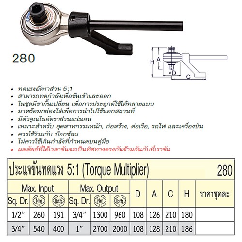 UNIOR 280 ประแจขันทดแรง 5:1 Output  1นิ้ว 2700Nm / 2000 lbf.ft