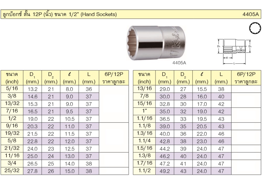 KOKEN 4405A-5/16 ลูกบ๊อก 1/2นิ้ว-12P-5/16นิ้ว
