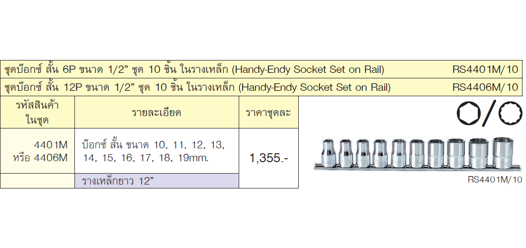 KOKEN RS4401M ชุดลูกบ๊อกสั้น 10 ตัวชุด 6P 1/2นิ้ว (10-19mm) พร้อมรางเหล็ก