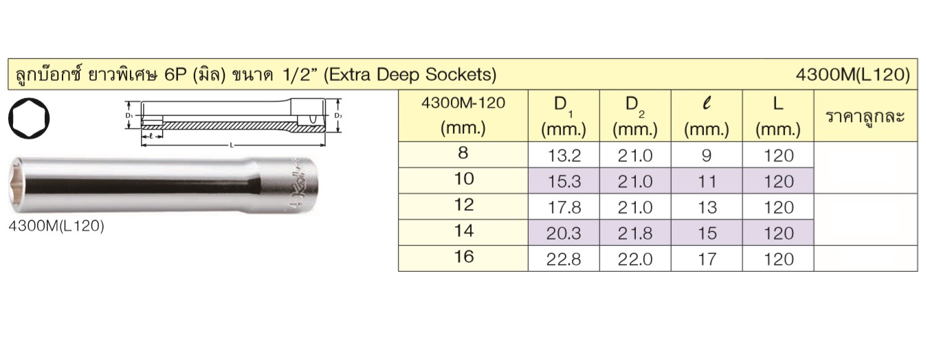 KOKEN 4300M(L120)-10 ลูกบ๊อกยาวพิเศษ 120mm 1/2นิ้ว-6P-10mm.