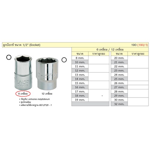 UNIOR 190/1 ลูกบ๊อก 1/2นิ้ว-6P-15mm. (190)