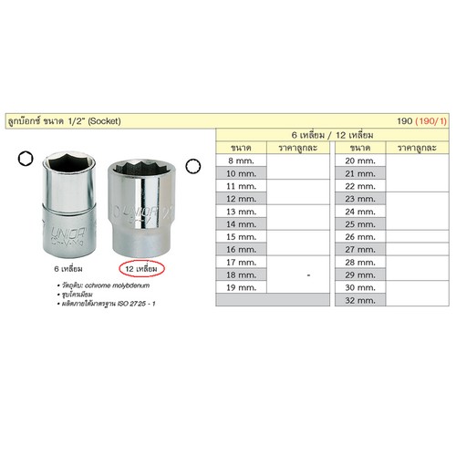 UNIOR 190/1 ลูกบ๊อก 1/2นิ้ว-12P-8mm. (190)
