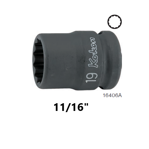 KOKEN 16406A-11/16 ลูกบ๊อกลมสั้น ขอบบาง 3/4นิ้ว-12P-11/16นิ้ว