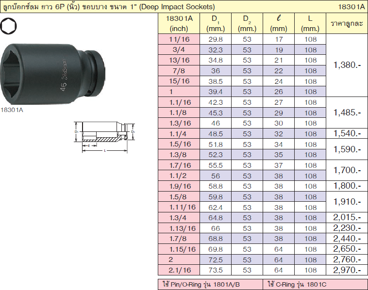 KOKEN 18301A-1.1/16 ลูกบ๊อกลมยาว 1นิ้ว-6P-1.1/16นิ้ว