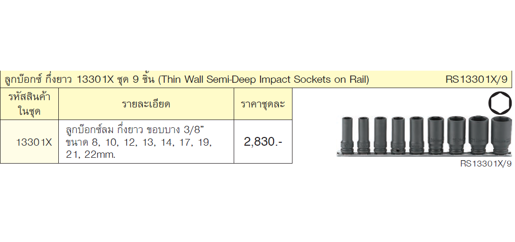 KOKEN RS13301X/9 ลูกบ๊อกลมกึ่งยาว 13301X ชุด 9 ชิ้น