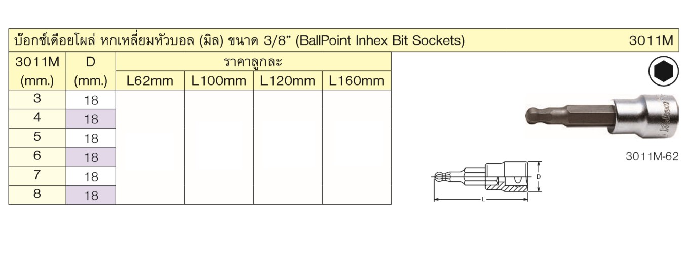 KOKEN 3011M-100-4 บ๊อกเดือยโผล่หัวบอลล์ 6P-3/8นิ้ว-100-4mm.