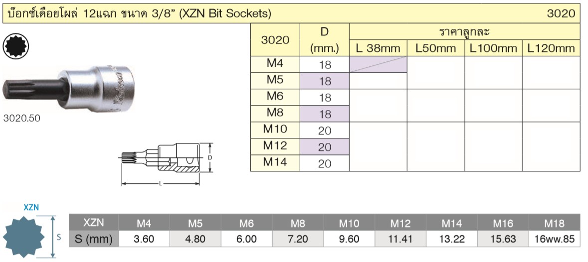 KOKEN 3020-120-M10 บ๊อกเดือยโผล่ 12แฉก 3/8นิ้ว-120-M10
