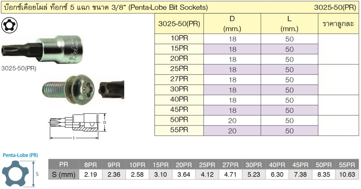 KOKEN 3025-50(PR)-55PR บ๊อกเดือยโผล่ท๊อก 5 แฉก 3/8นิ้ว-50-55PR