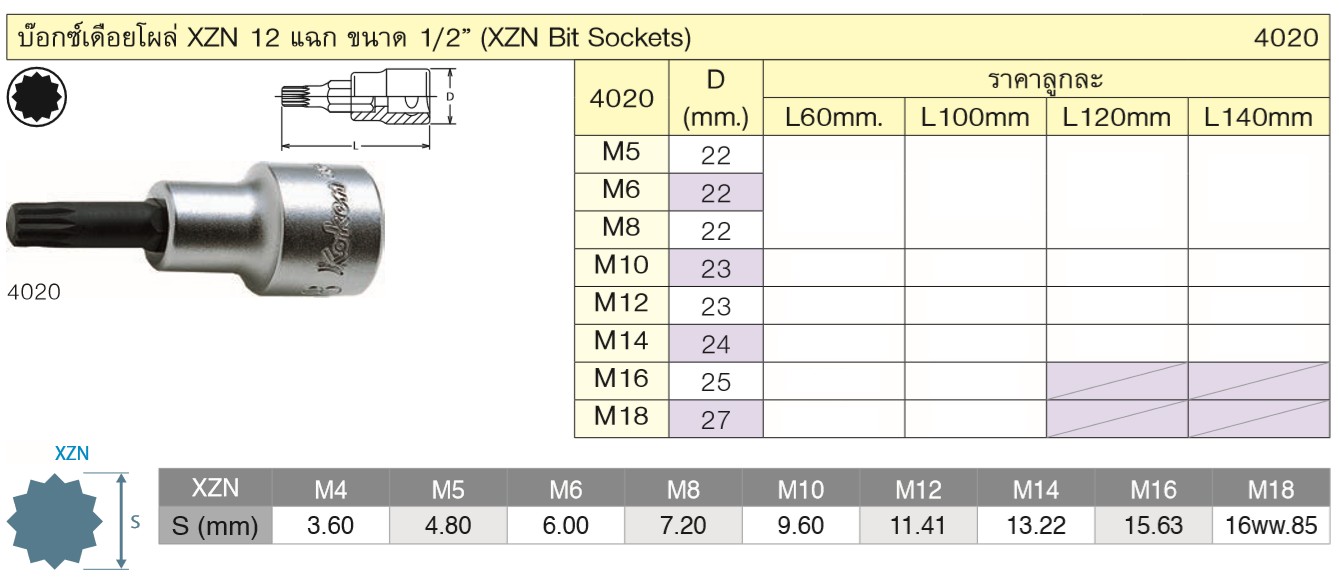 KOKEN 4020-60-M18 บ๊อกเดือยโผล่ 12 แฉก 1/2นิ้ว-60-M18
